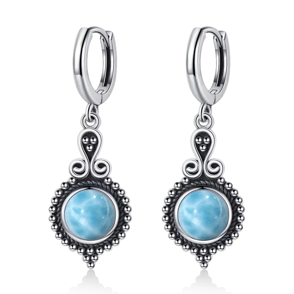 925 Sterling Silver Natural Stone Drop Earrings Vintage Hoops
