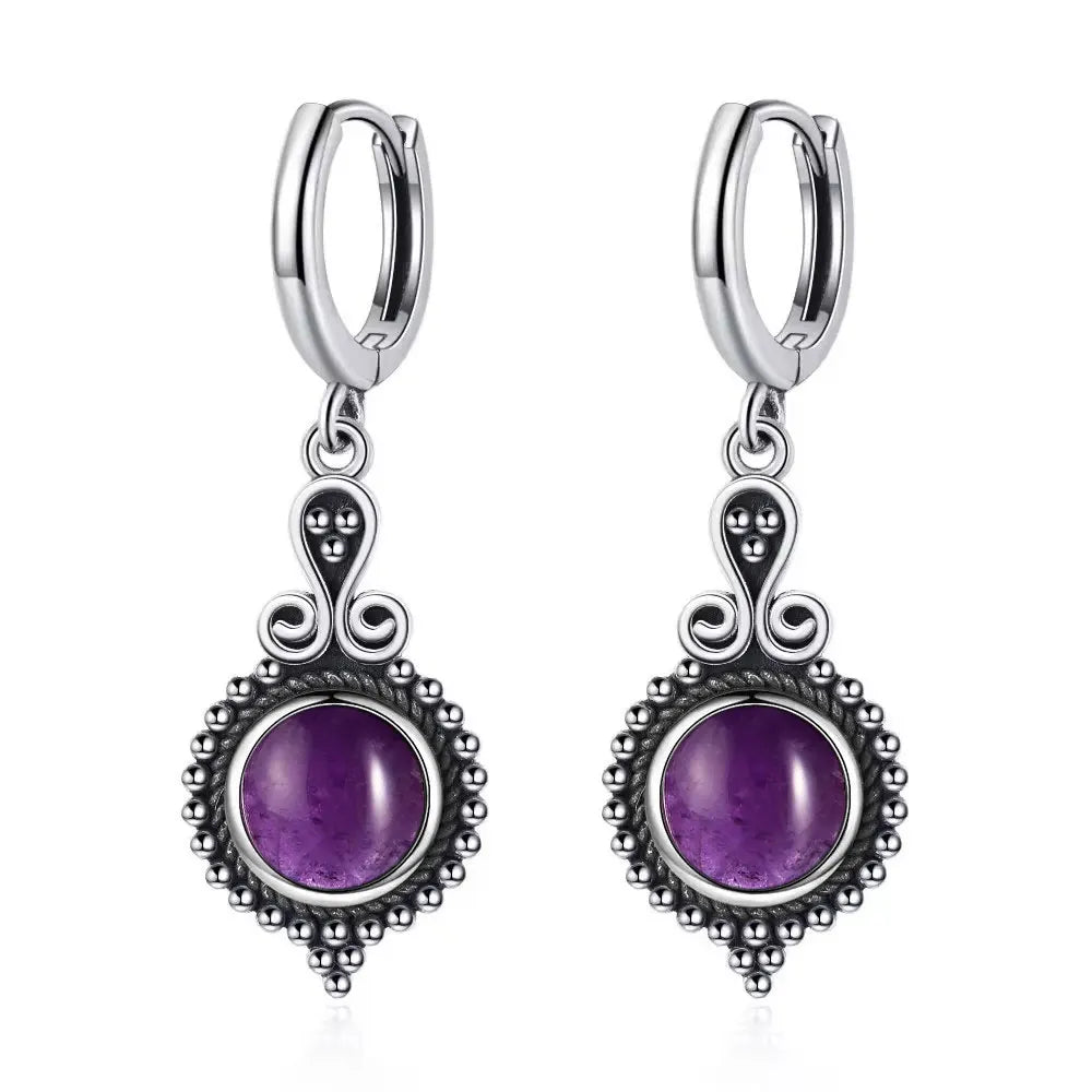 925 Sterling Silver Natural Stone Drop Earrings Vintage Hoops