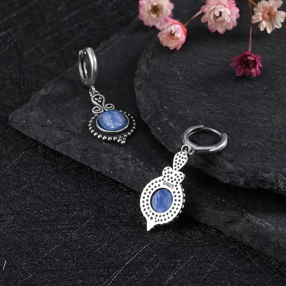 925 Sterling Silver Natural Stone Drop Earrings Vintage Hoops