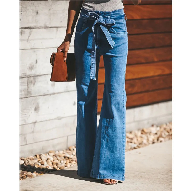Vintage Denim Tie Waist Flare Jeans