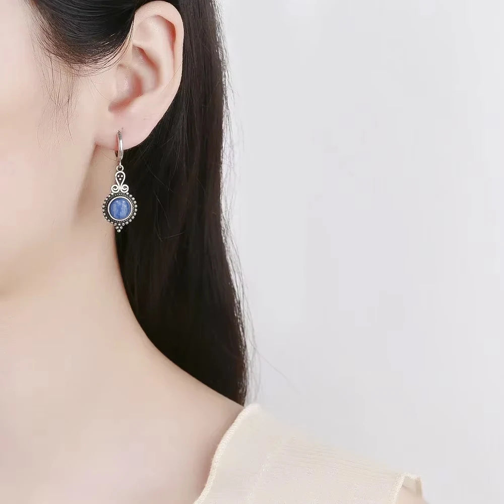 925 Sterling Silver Natural Stone Drop Earrings Vintage Hoops