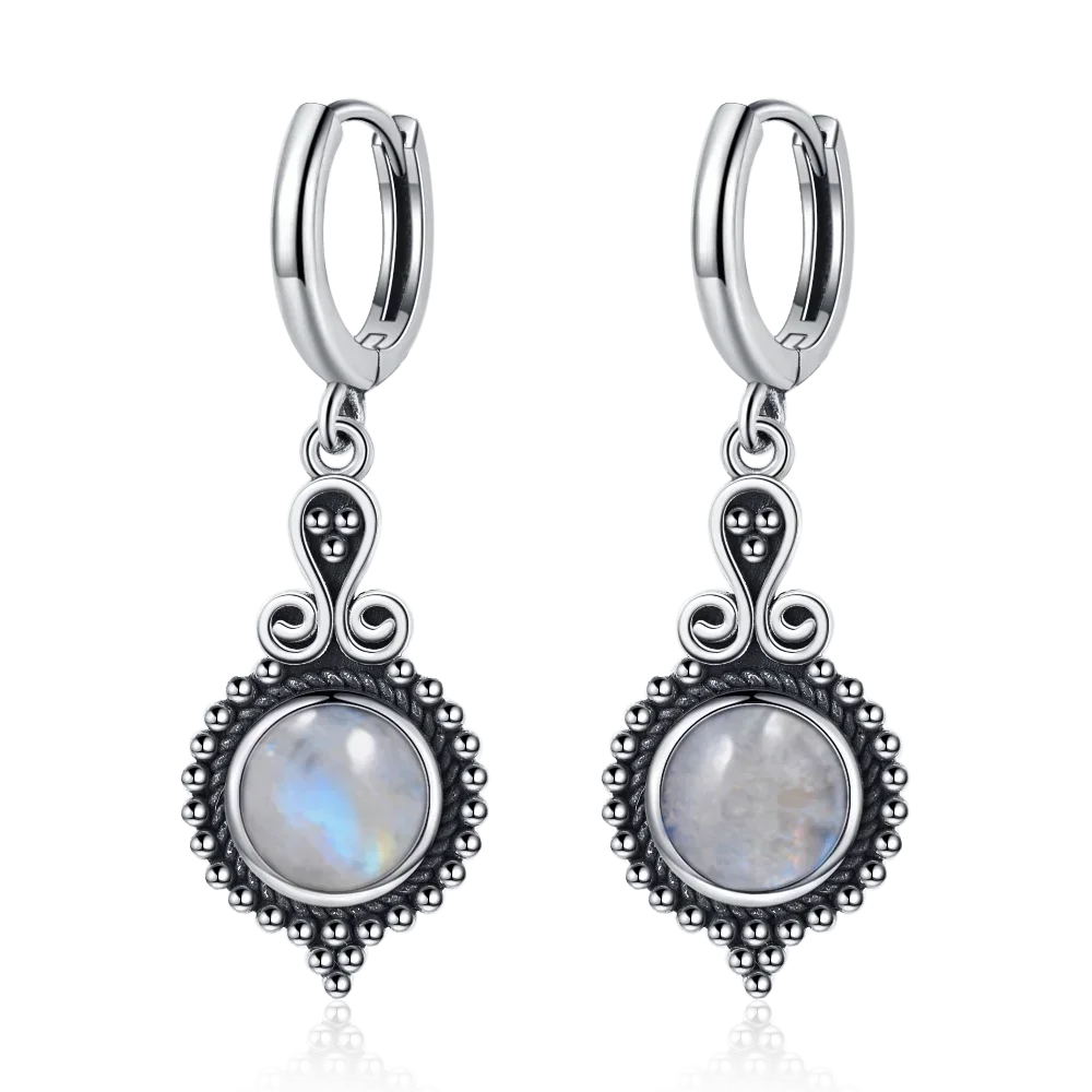 925 Sterling Silver Natural Stone Drop Earrings Vintage Hoops