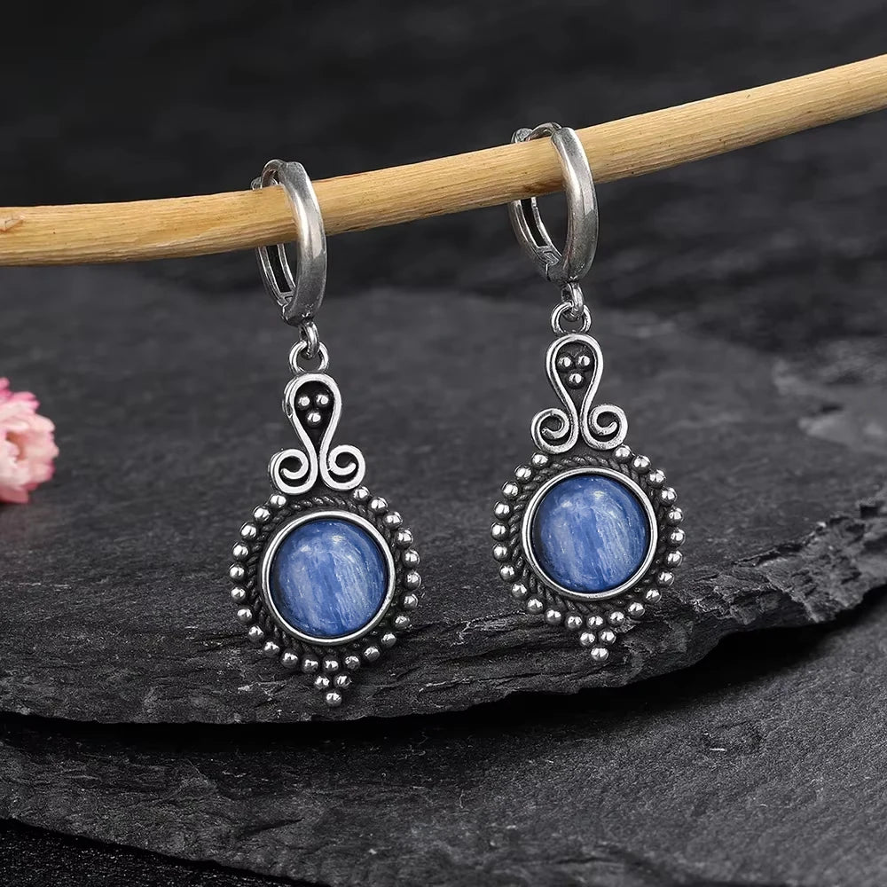 925 Sterling Silver Natural Stone Drop Earrings Vintage Hoops