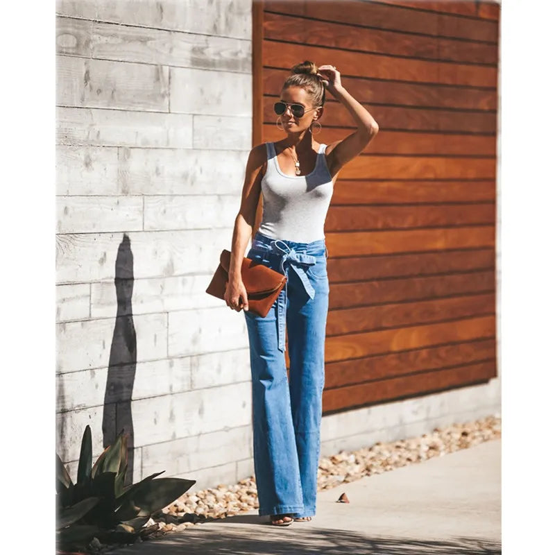 Vintage Denim Tie Waist Flare Jeans