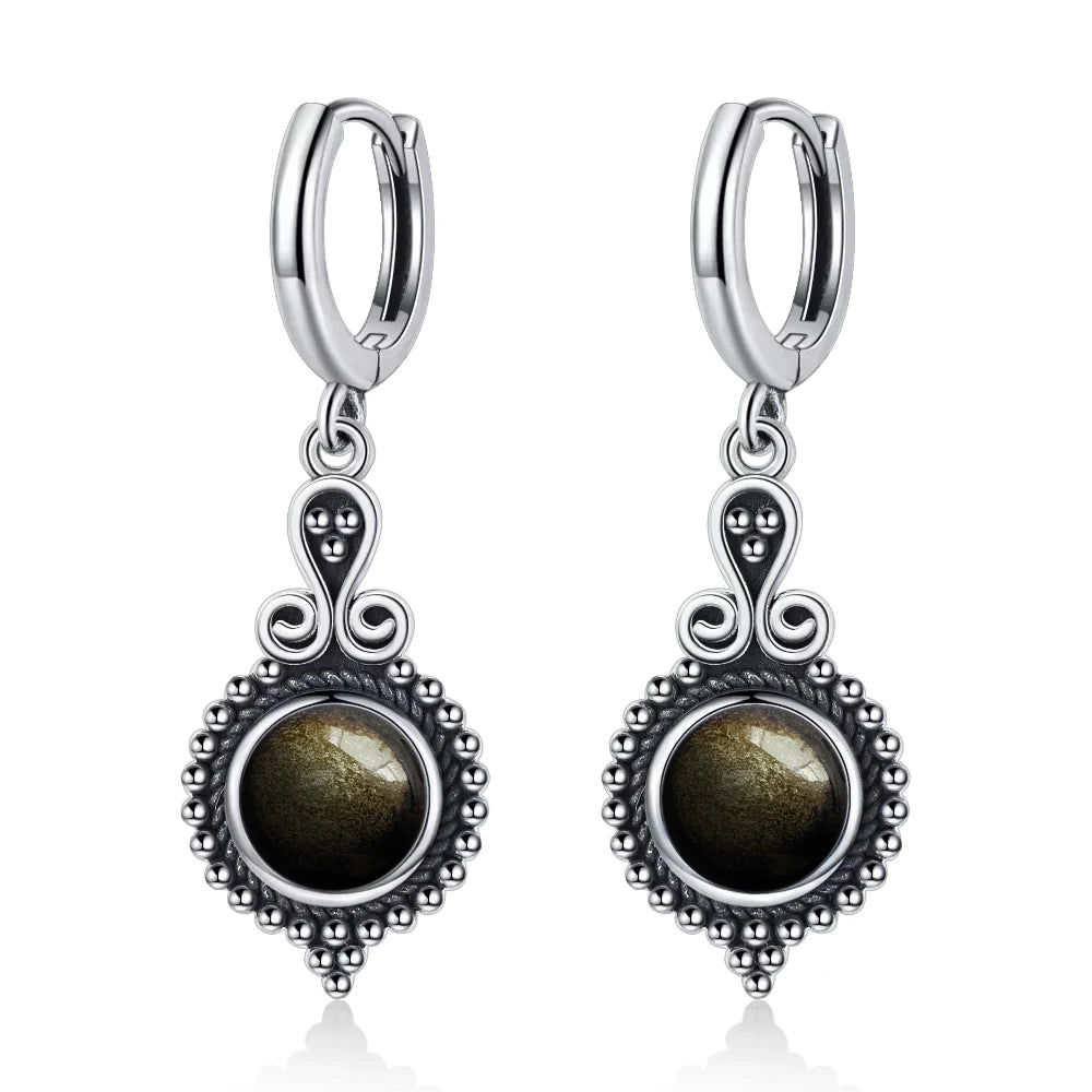 925 Sterling Silver Natural Stone Drop Earrings Vintage Hoops