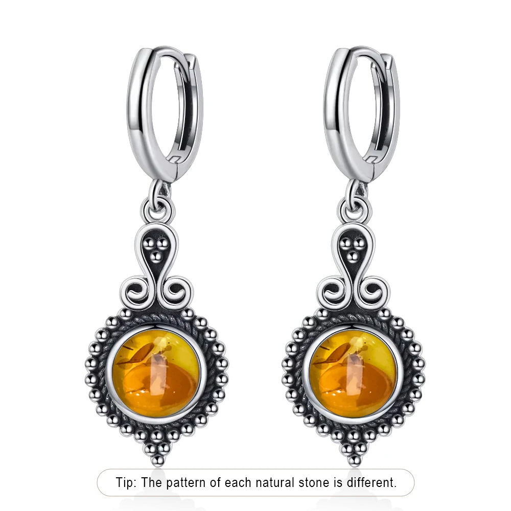 925 Sterling Silver Natural Stone Drop Earrings Vintage Hoops