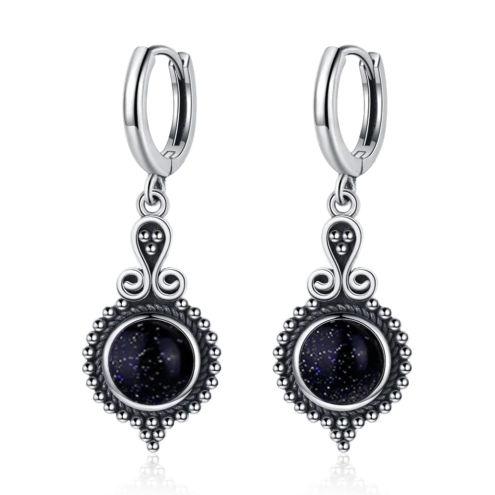 925 Sterling Silver Natural Stone Drop Earrings Vintage Hoops