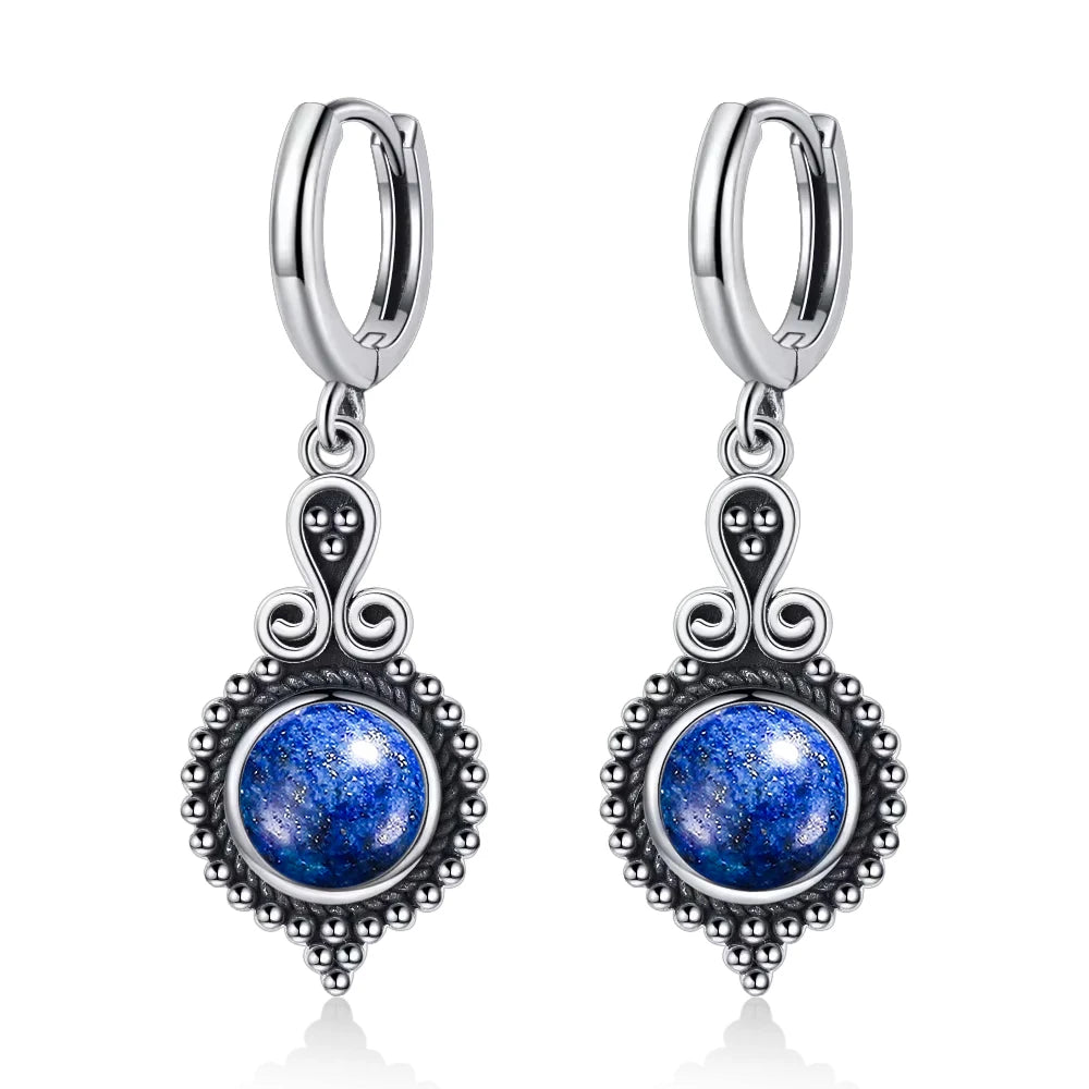 925 Sterling Silver Natural Stone Drop Earrings Vintage Hoops