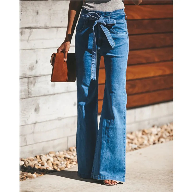 Vintage Denim Tie Waist Flare Jeans