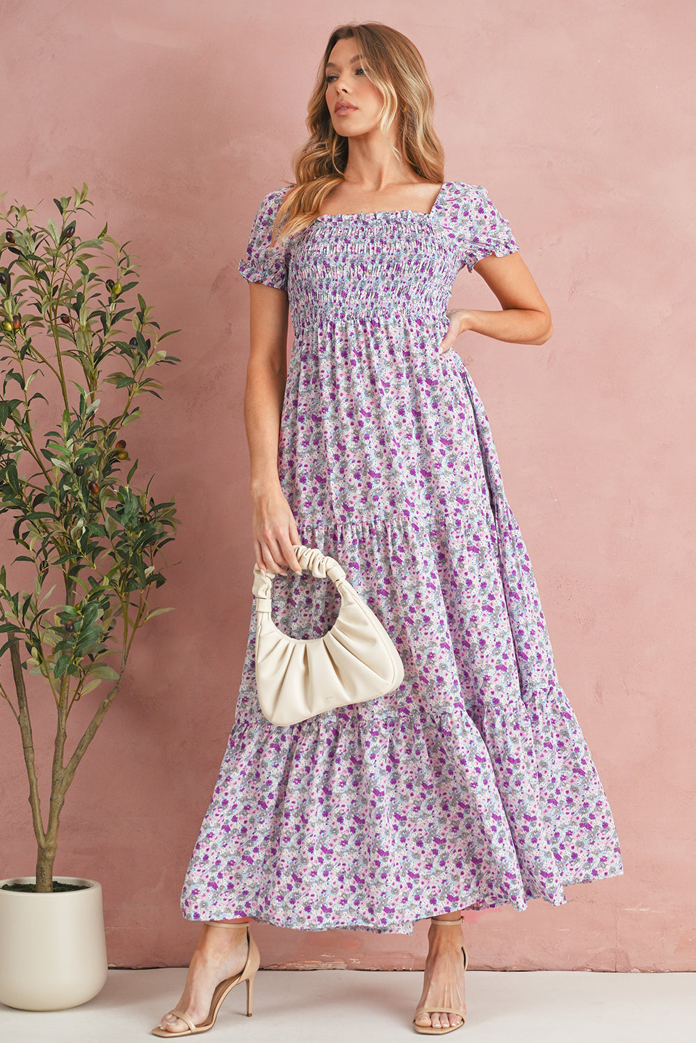Pink Floral Short Bubble Sleeve Shirred High Waist Maxi Dress