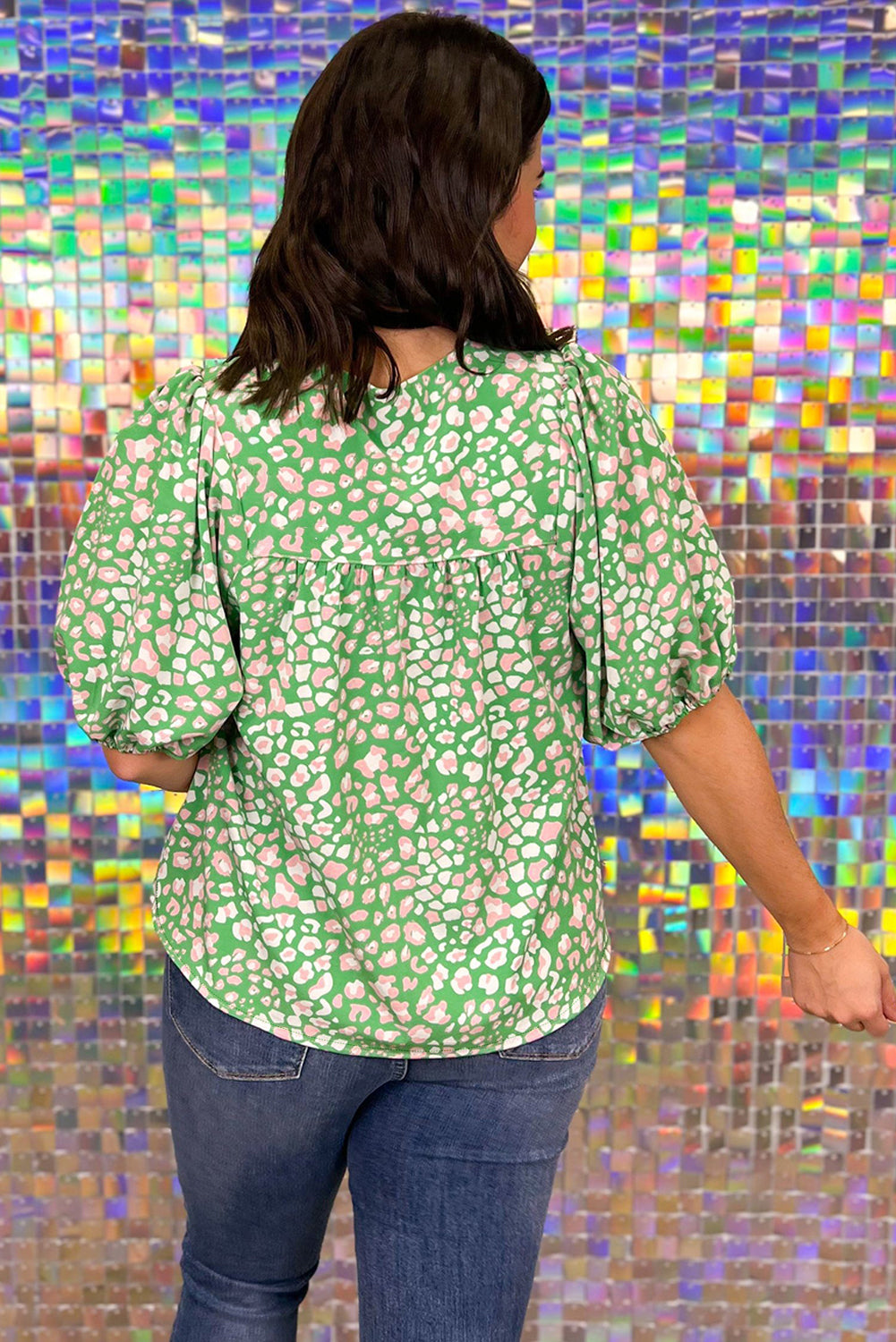 Green Plus Size Leopard Tassel Tie Split Neck Puff Sleeve Blouse