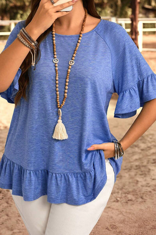 Dusk Blue Ruffle Hem  Flowy Blouse