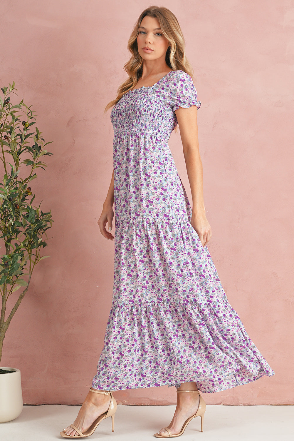 Pink Floral Short Bubble Sleeve Shirred High Waist Maxi Dress