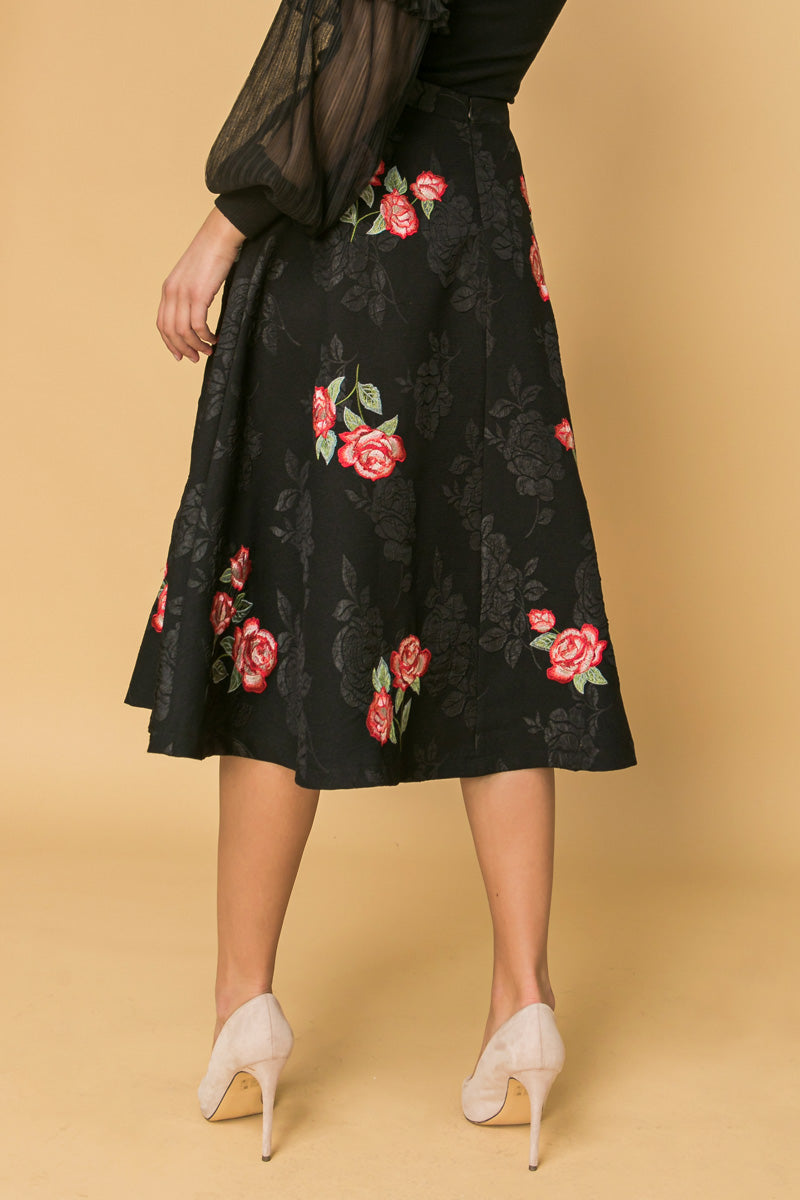 Rose Embroidery Midi Skirt