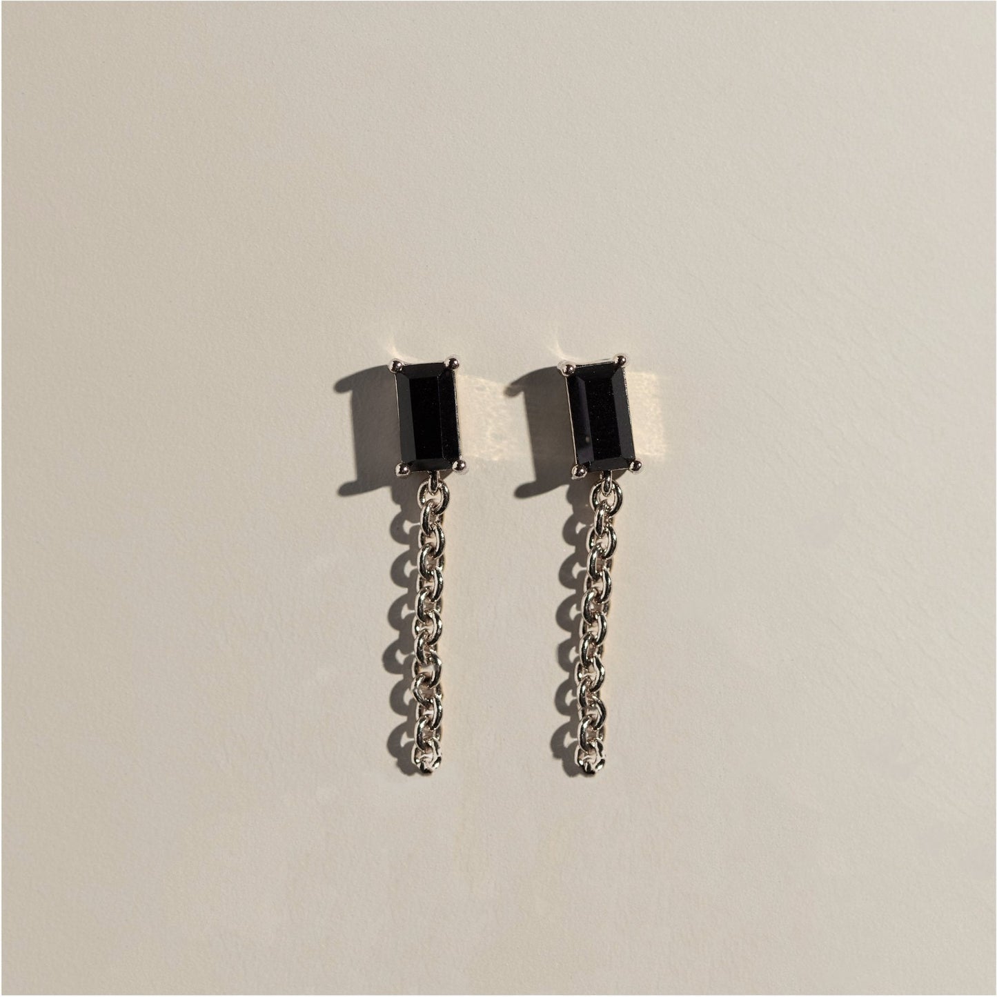 Black Baguette Chain Drop Studs