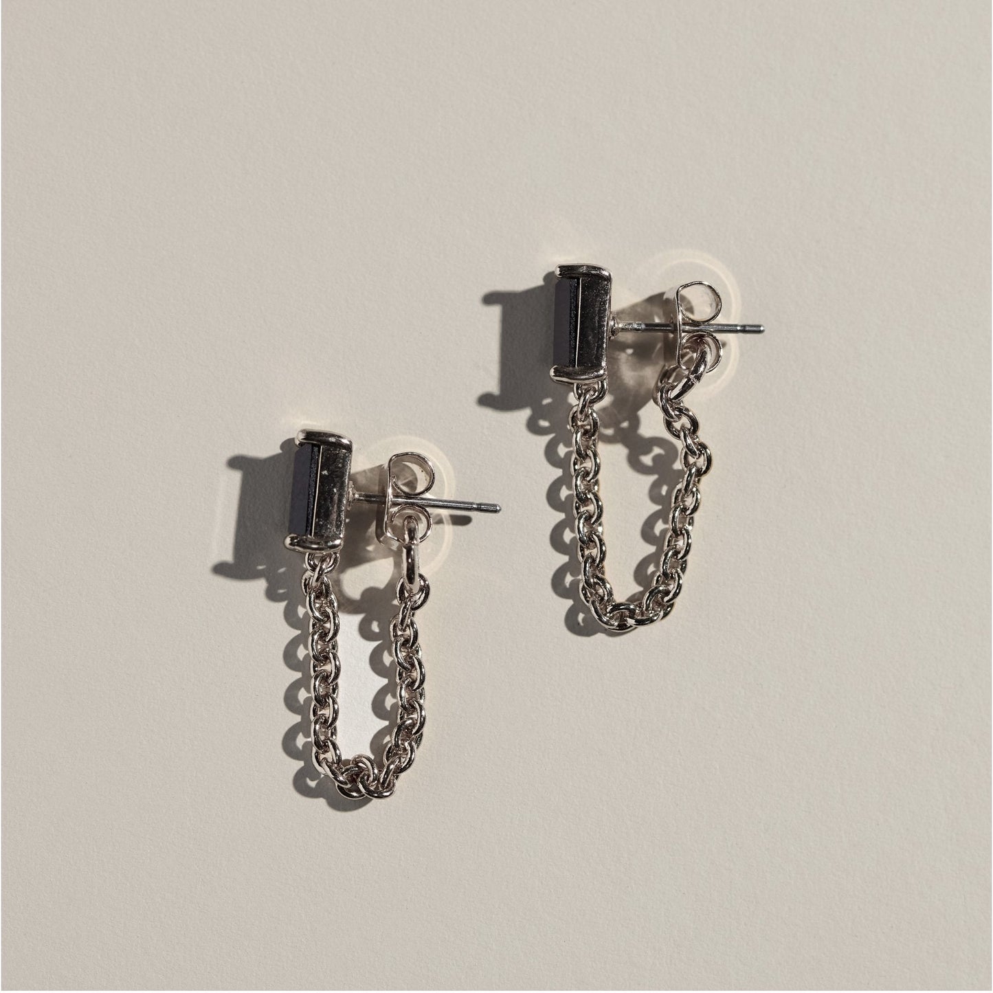 Black Baguette Chain Drop Studs