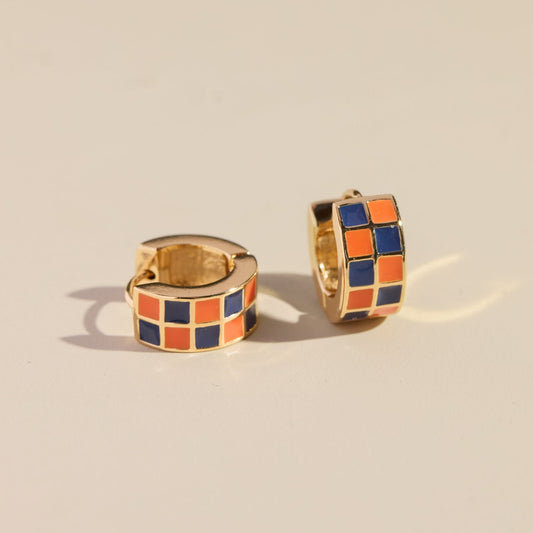 Blue & Orange Checkered Enamel Huggies