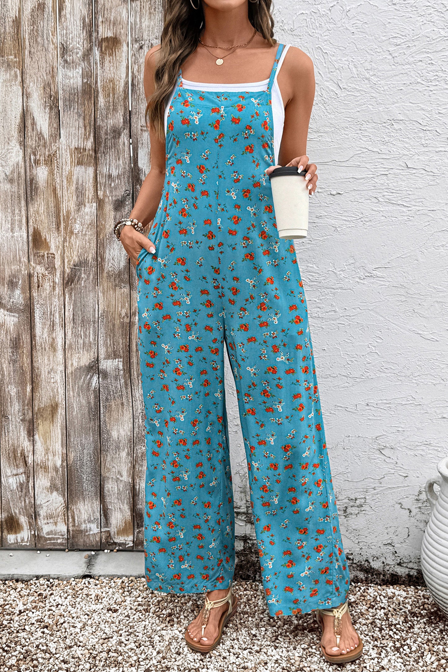 Multicolour Floral Print Spaghetti Straps Loose Pocketed Jumpsuit