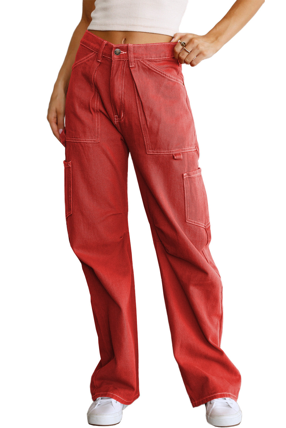 Green-2 High Waist Straight Leg Cargo Pants with Pockets