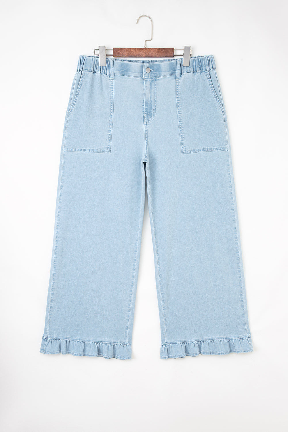 Black Plus Size Elastic Waist Ruffled Wide Leg Denim Pants