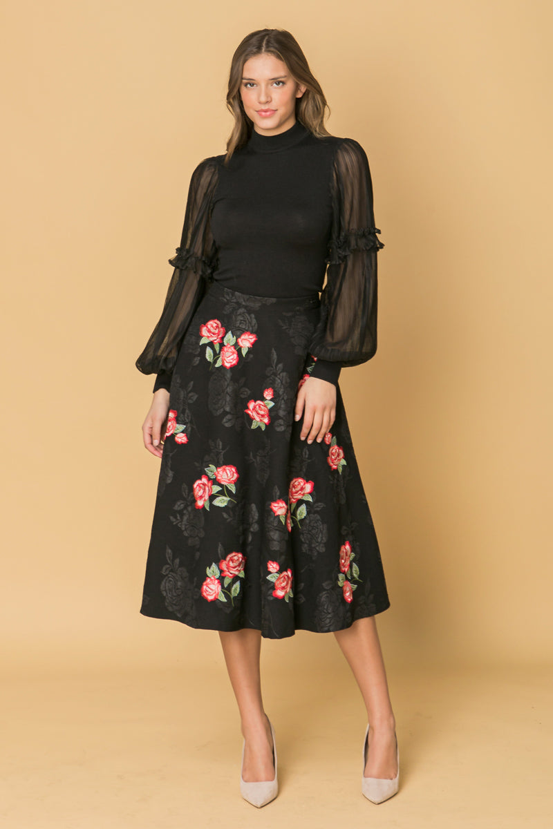 Rose Embroidery Midi Skirt